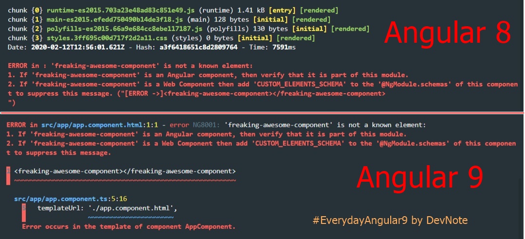 Angular 8 and Angular 9 Error Message Comparison