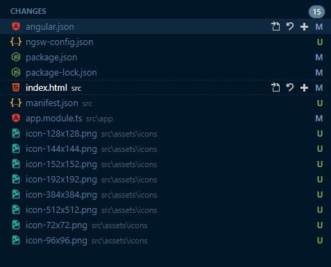 ไฟล์ที่ถูกเปลี่ยนแปลงหรือเพิ่มเข้ามาหลังจากใช้คำสั่ง ng add @angular/pwa